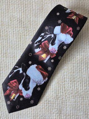 Ralph Marlin Vintage 1992 Novelty Tie Christmas Design Santa Hat Cows Black